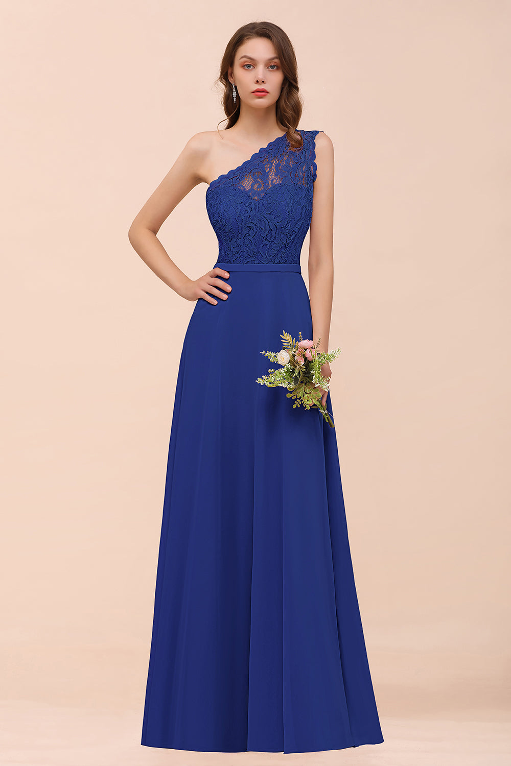 New Arrival Dusty Rose One Shoulder Lace Long Bridesmaid Dresses - Fashionpara