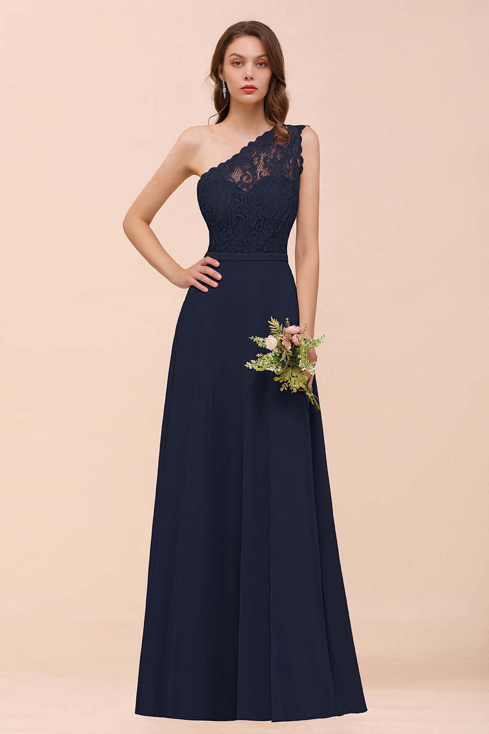 New Arrival Dusty Rose One Shoulder Lace Long Bridesmaid Dresses - Fashionpara