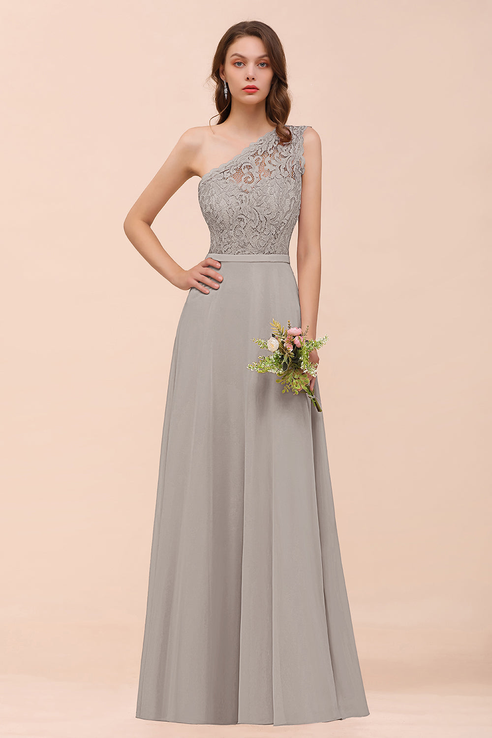 New Arrival Dusty Rose One Shoulder Lace Long Bridesmaid Dresses - Fashionpara