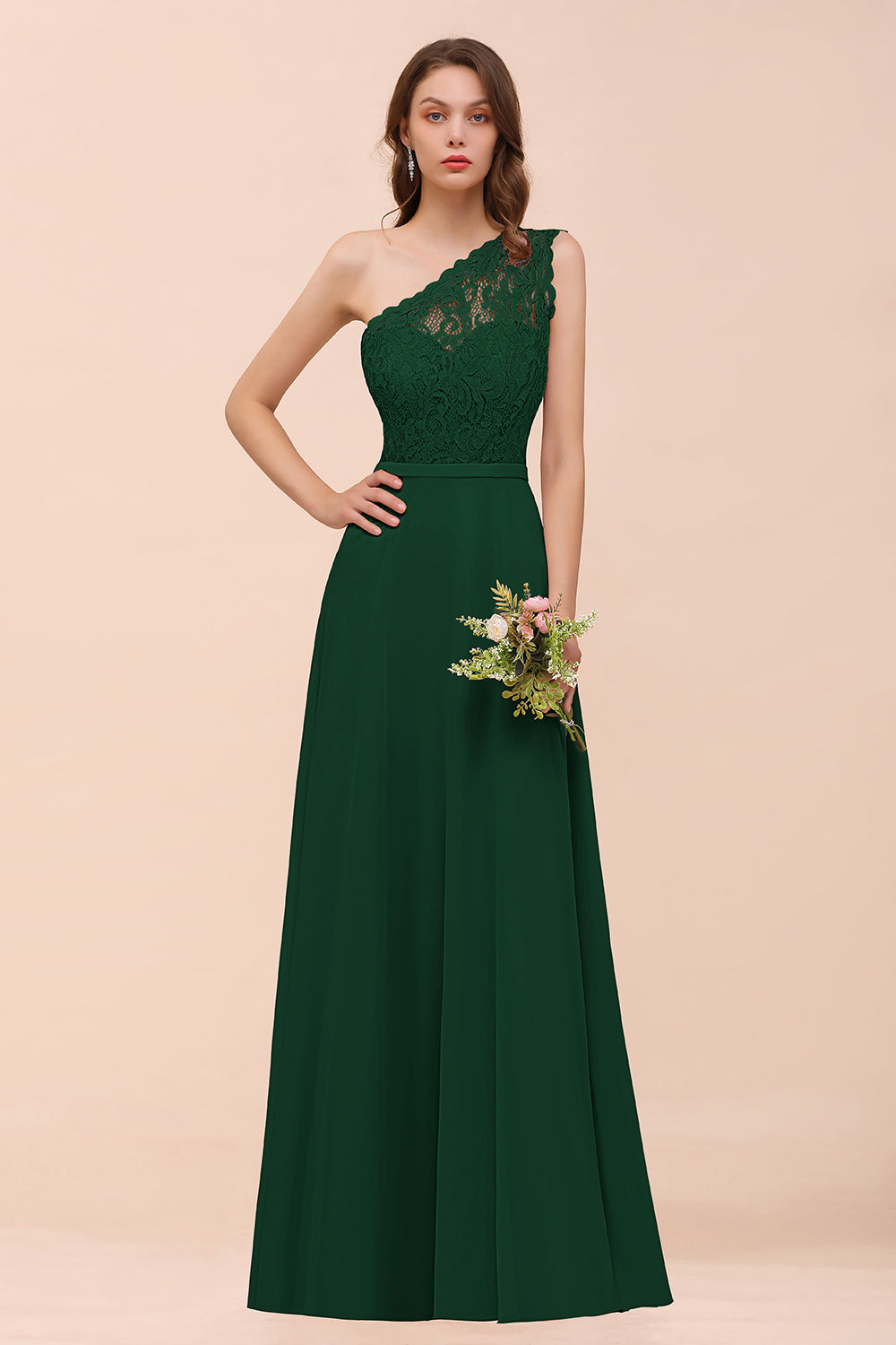 New Arrival Dusty Rose One Shoulder Lace Long Bridesmaid Dresses - Fashionpara