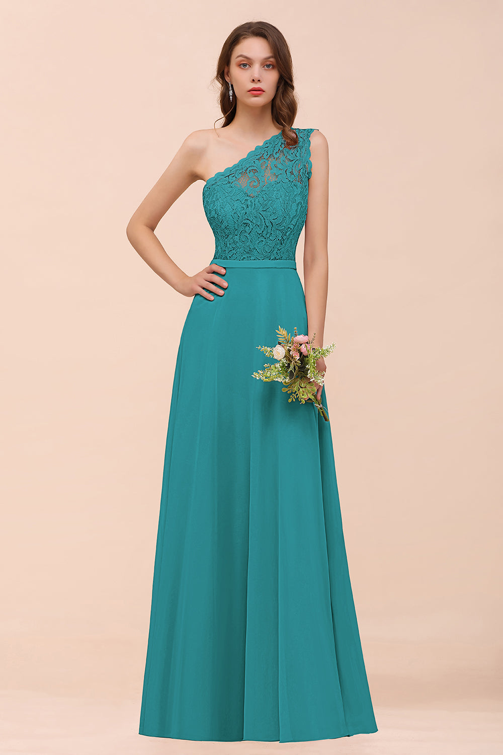 New Arrival Dusty Rose One Shoulder Lace Long Bridesmaid Dresses