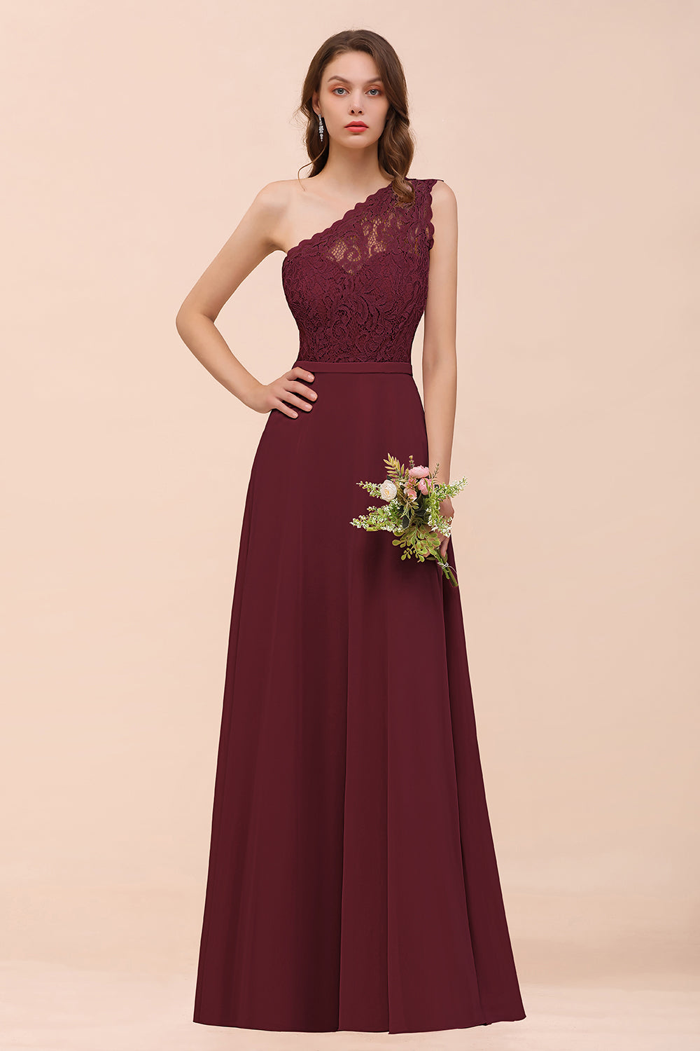 New Arrival Dusty Rose One Shoulder Lace Long Bridesmaid Dresses - Fashionpara