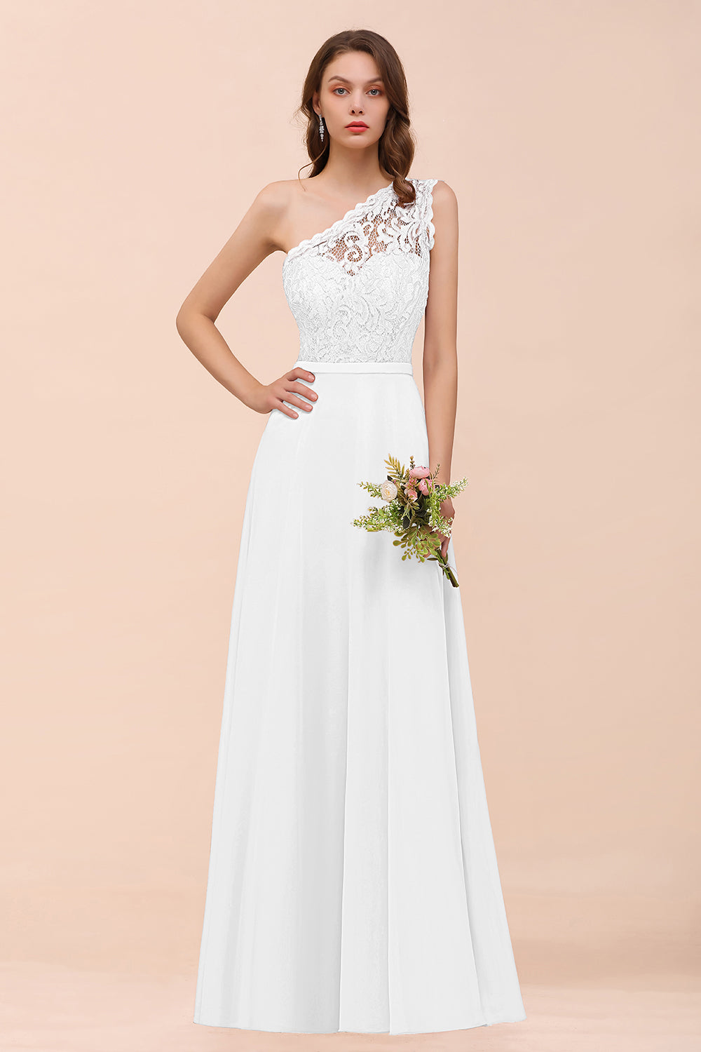 New Arrival Dusty Rose One Shoulder Lace Long Bridesmaid Dresses - Fashionpara