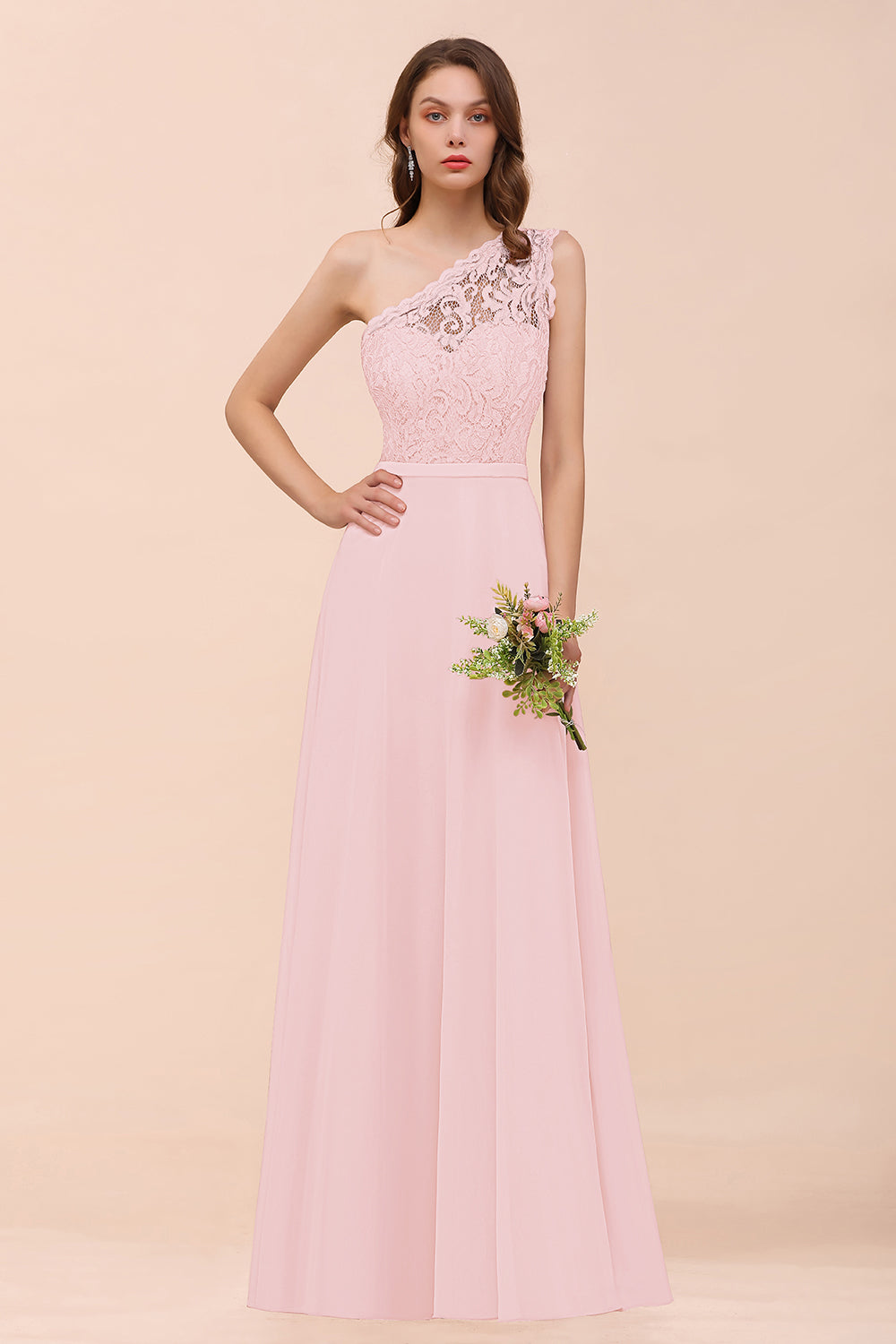 New Arrival Dusty Rose One Shoulder Lace Long Bridesmaid Dresses - Fashionpara