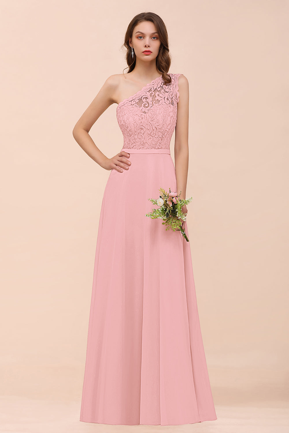 New Arrival Dusty Rose One Shoulder Lace Long Bridesmaid Dresses - Fashionpara