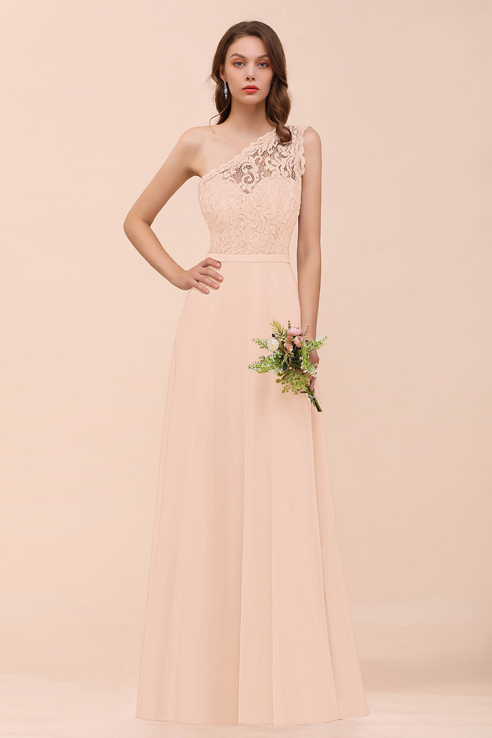 New Arrival Dusty Rose One Shoulder Lace Long Bridesmaid Dresses - Fashionpara