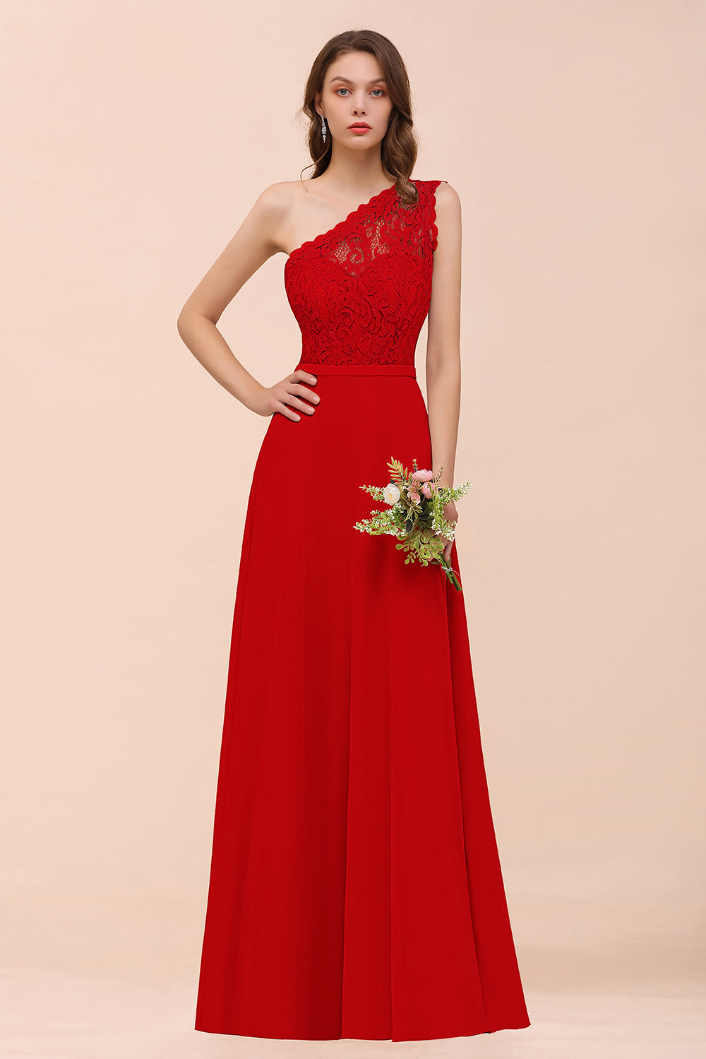 New Arrival Dusty Rose One Shoulder Lace Long Bridesmaid Dresses - Fashionpara