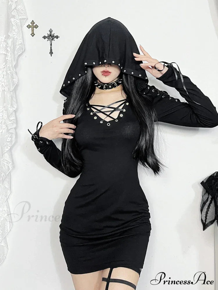 New Dark Retro Punk Street Hooded High Waist Sexy Mini Gothic Vintage Pentagram Strap Long Sleeve Dress