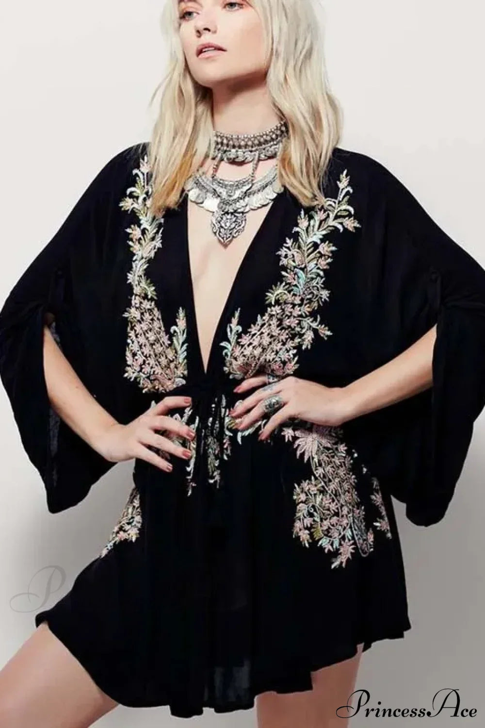 New Floral Embroidery Boho Dress Sexy Beach Dress Deep V-neck Mini Party Black / S bohodress-250126
