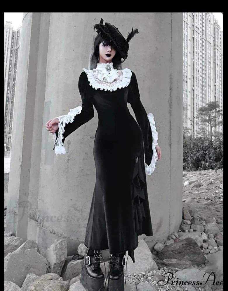 New Original Design Japanese Vintage Black Dress Lace Patch Turtleneck Trumpet Long Flare Sleeve Gothic Dress