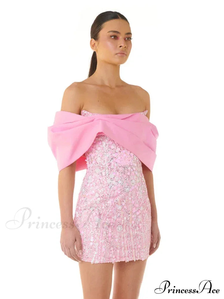 New Sexy Off Shoulder Sequins Pink Slash Neck Sparkly Elegant Christmas Party Dress