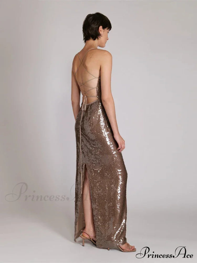New Sexy Sleeveless Backless Lace-up Slim Long Dress Bright Sequins Christmas Party Dress