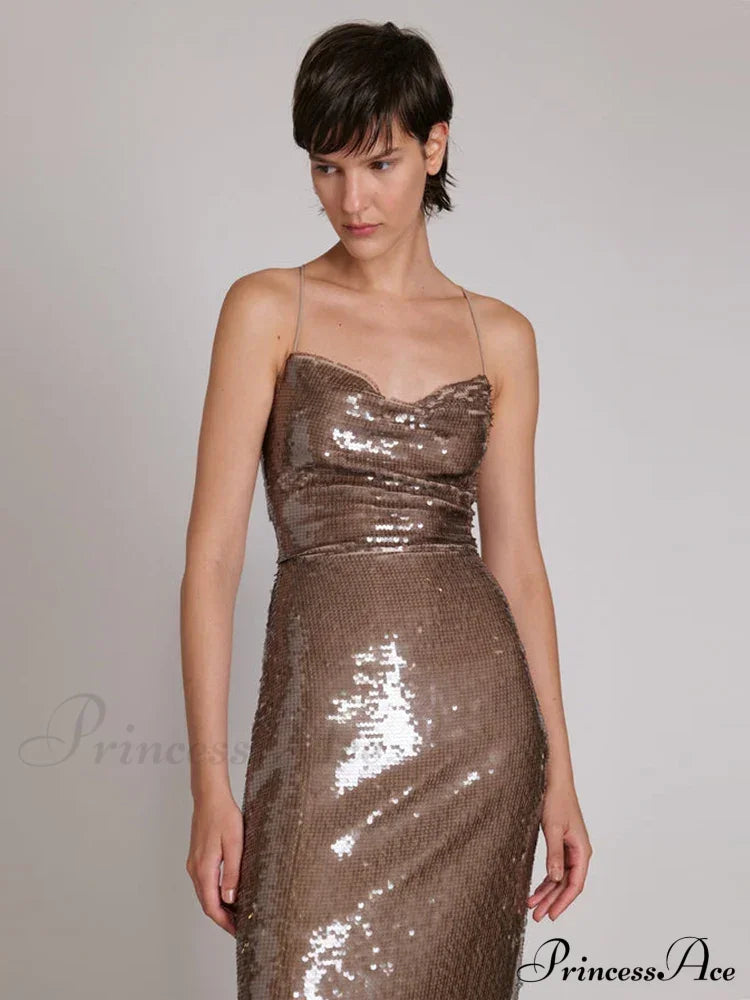 New Sexy Sleeveless Backless Lace-up Slim Long Dress Bright Sequins Christmas Party Dress