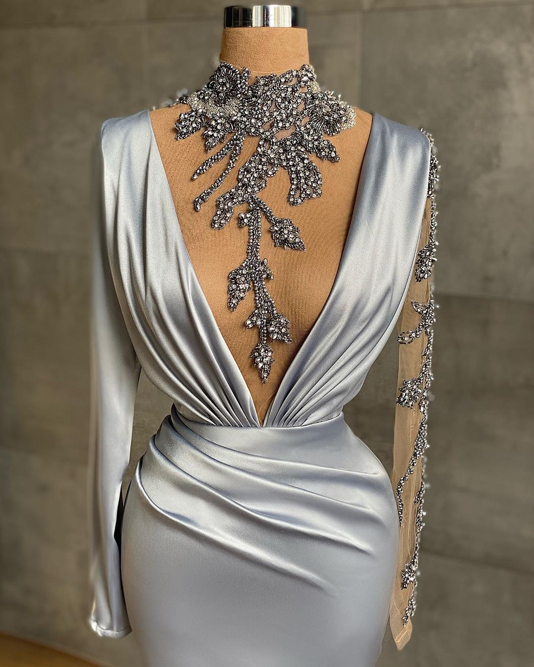 Newinlook Silver Long Sleeves Mermaid Prom Dress With Appliques - Fashionpara