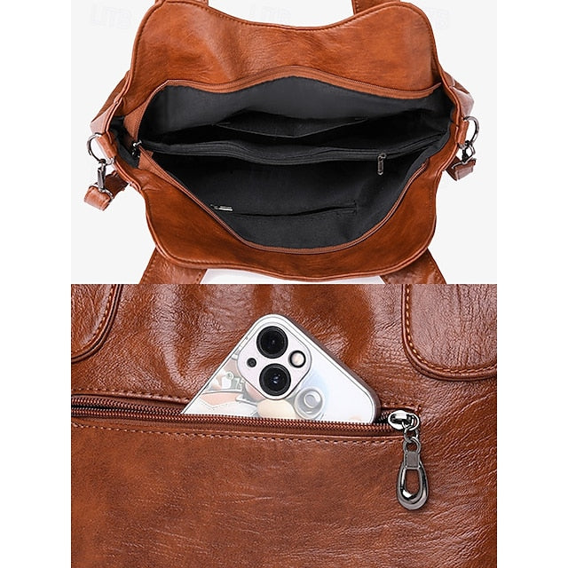 Brown Faux Bag Leather Tote with Vintage Dual