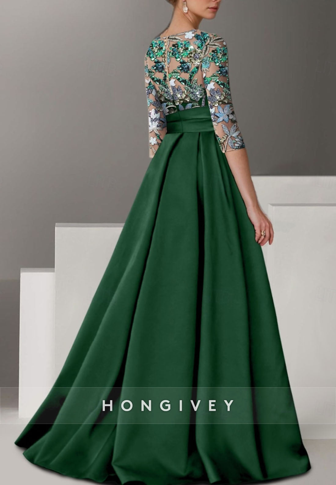 A-line Floor-Length High Slit Illusion Neck Evening Gown Beading 3/4 Sleeve Pleated Formal Dresses