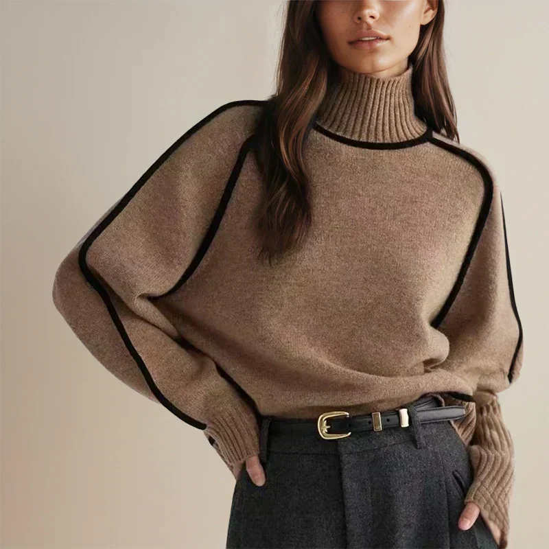 Turtleneck Long Sleeve Contrast Piped Oversized Sweater 2