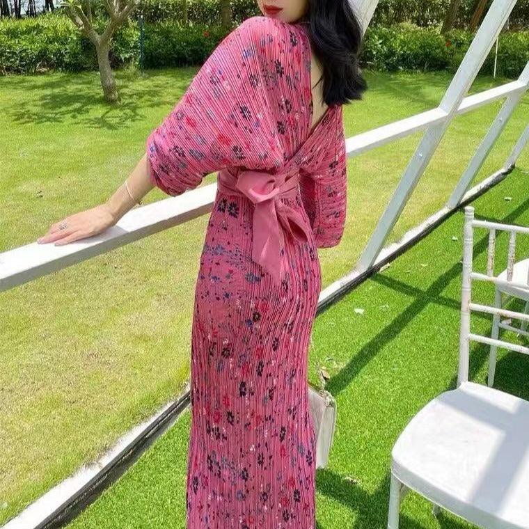 Floral Print Pleated V-Neck Belted Wrap Maxi Dress
