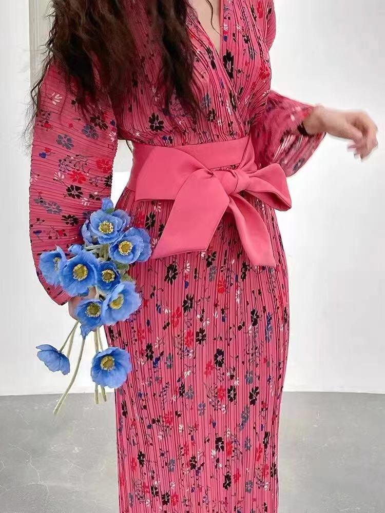 Floral Print Pleated V-Neck Belted Wrap Maxi Dress