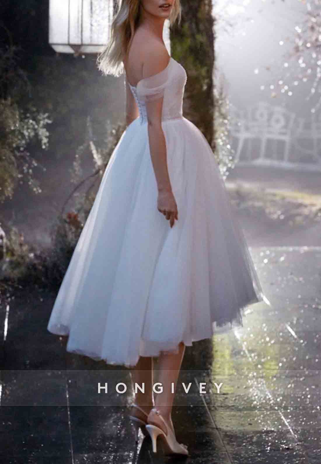 Organza Off the Shoulder Tea-Length Sweetheart Princess Wedding Dresses