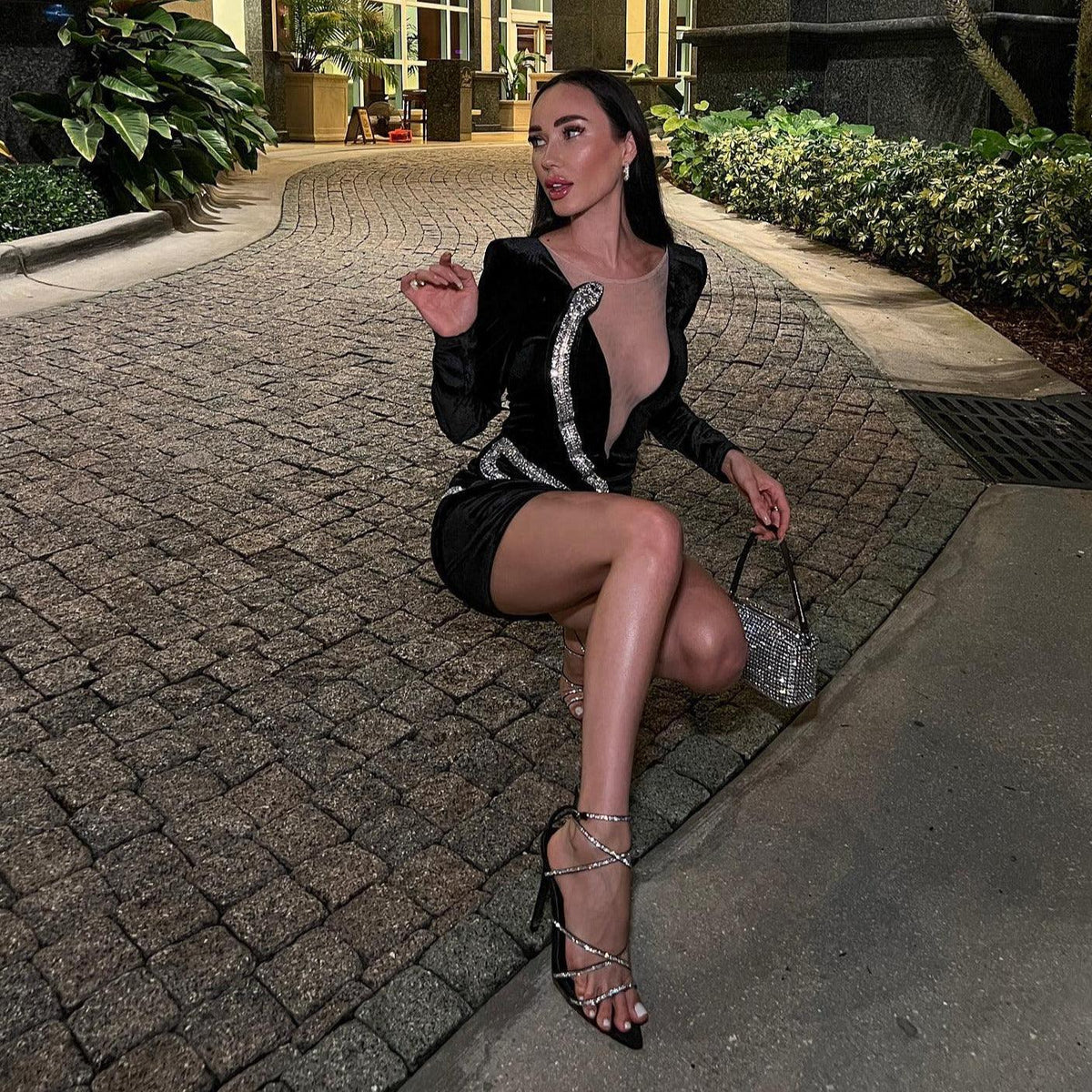 Velvet Plunge Long-Sleeve Crystal Serpent Mini Dress 4