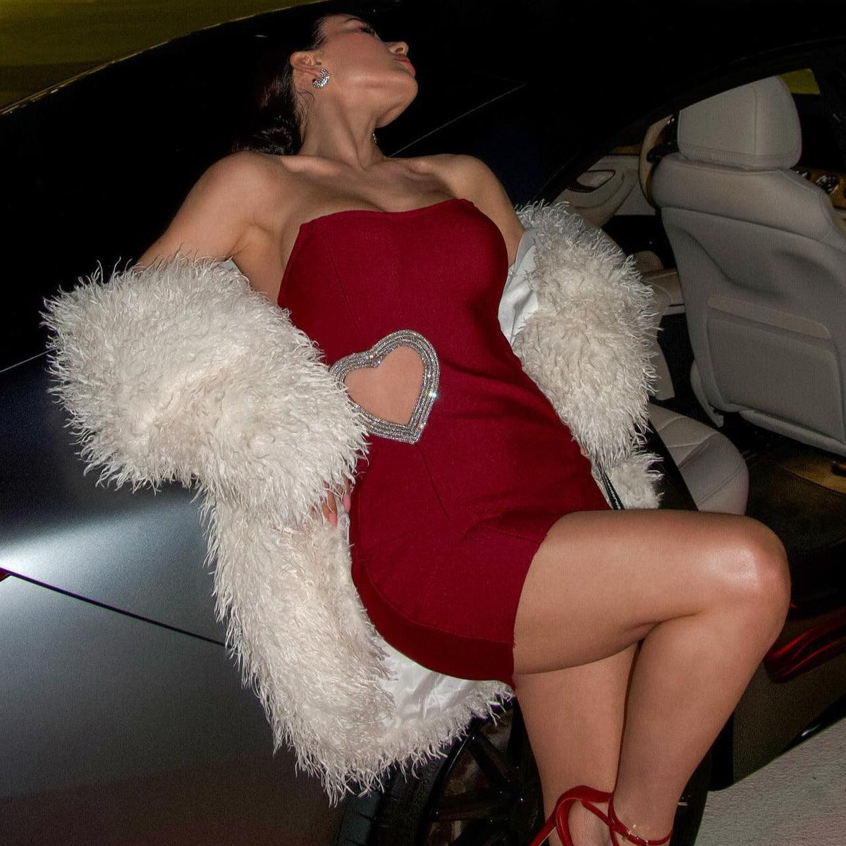 Strapless Crystal Heart Cut-Out Bodycon Mini Dress