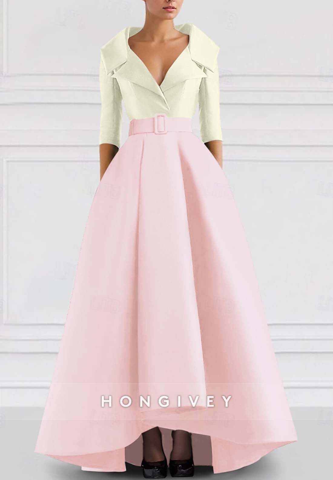 A-line Asymmetrical Evening Gown V Neck Half Sleeve Pockets Pleated Waistband Mother of the Bride