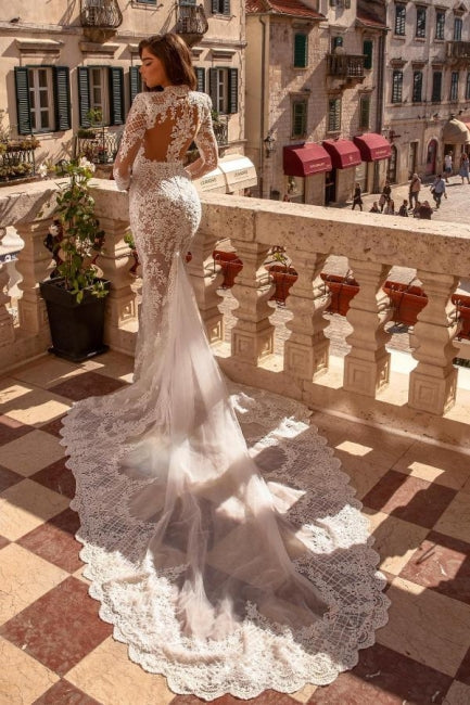Exquisite High Neck Long Sleeves Mermaid Lace Bridal Gown - Fashionpara