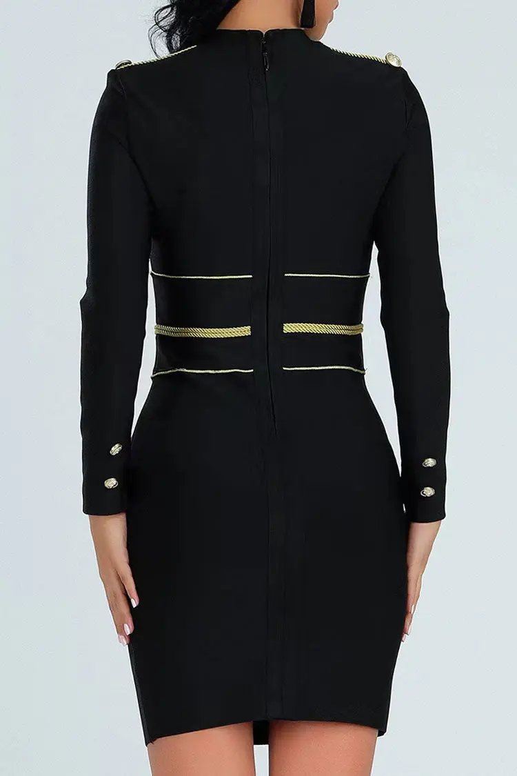 Noble Mock Neck Rope Trim Long Sleeve Bandage Bodycon Party Mini Dress - Black  Fashionpara