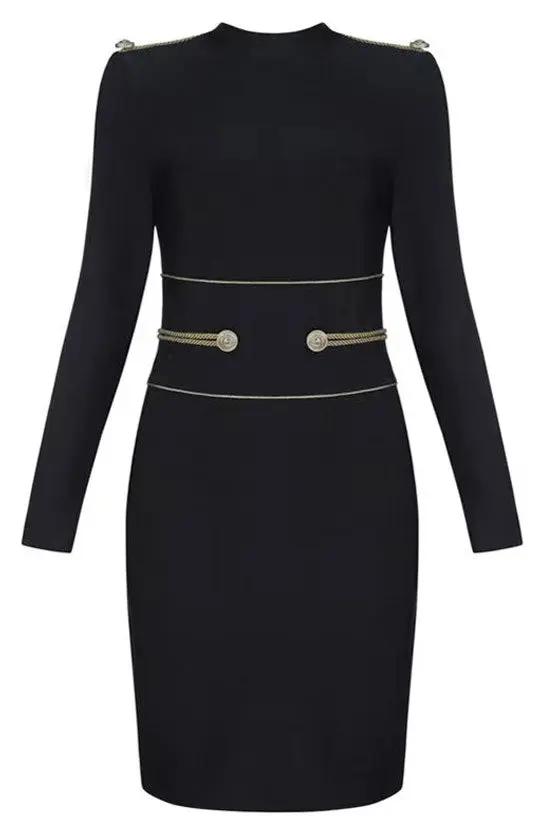 Noble Mock Neck Rope Trim Long Sleeve Bandage Bodycon Party Mini Dress - Black  Fashionpara