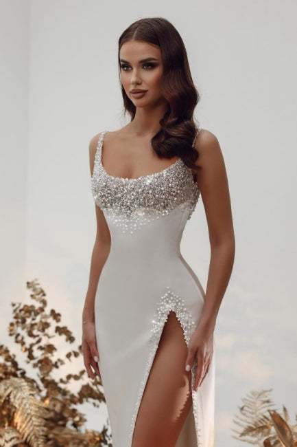 Noble Square Neck Sleeveless A-Line Satin Wedding Gown with Pearls - Fashionpara