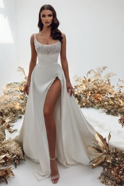 Noble Square Neck Sleeveless A-Line Satin Wedding Gown with Pearls - Fashionpara