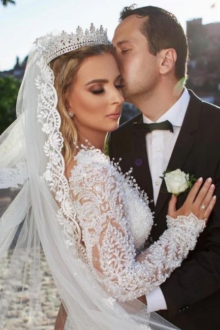 Regal V-Neck Long Sleeves Mermaid Lace Bridal Gown - Fashionpara