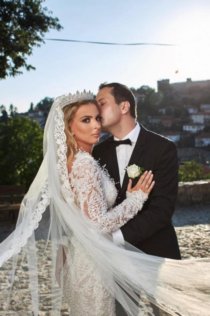 Regal V-Neck Long Sleeves Mermaid Lace Bridal Gown - Fashionpara
