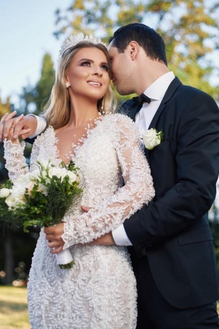 Regal V-Neck Long Sleeves Mermaid Lace Bridal Gown - Fashionpara
