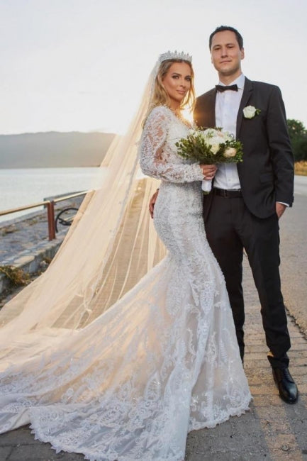 Regal V-Neck Long Sleeves Mermaid Lace Bridal Gown - Fashionpara