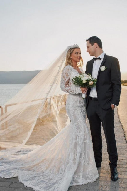 Regal V-Neck Long Sleeves Mermaid Lace Bridal Gown - Fashionpara