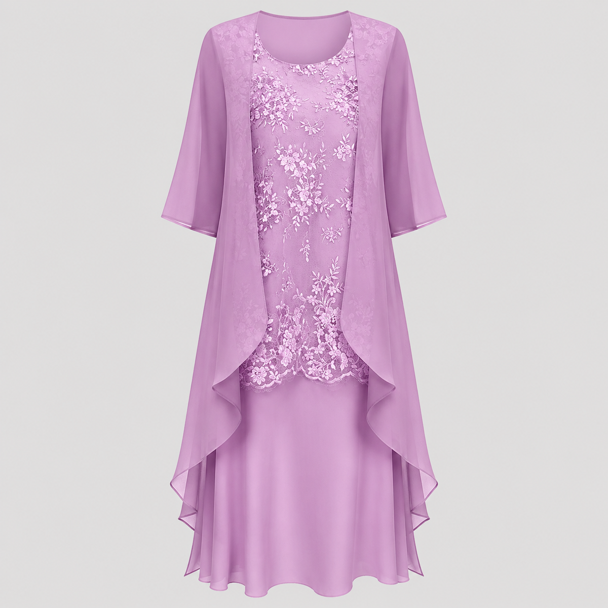 Lace Bodice Chiffon Two Piece Jacket Midi Dress 4