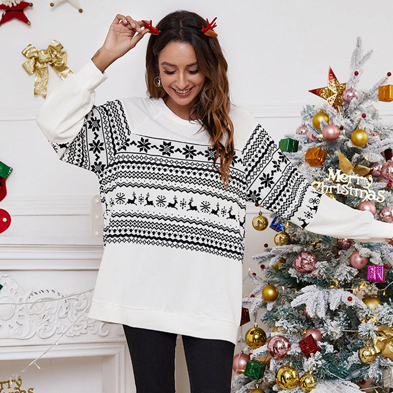 Nordic Fair Isle Crew Neck Long Sleeve Christmas Oversized Top - White - Fashionpara