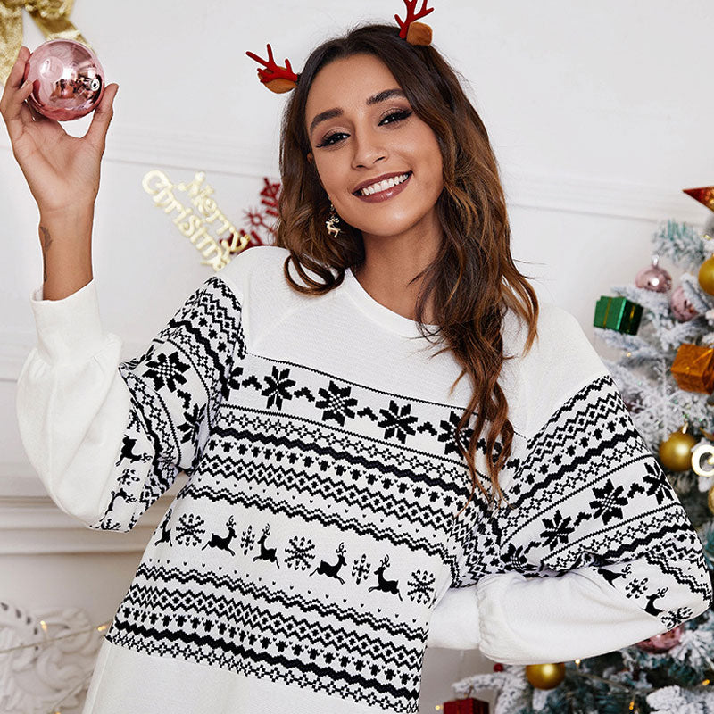 Nordic Fair Isle Crew Neck Long Sleeve Christmas Oversized Top - White - Fashionpara