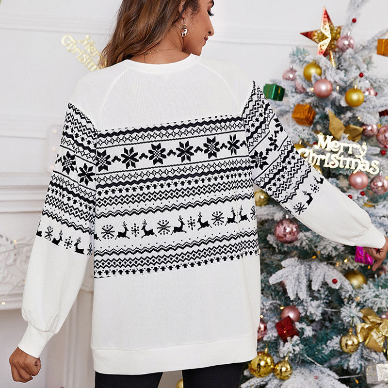 Nordic Fair Isle Crew Neck Long Sleeve Christmas Oversized Top - White - Fashionpara