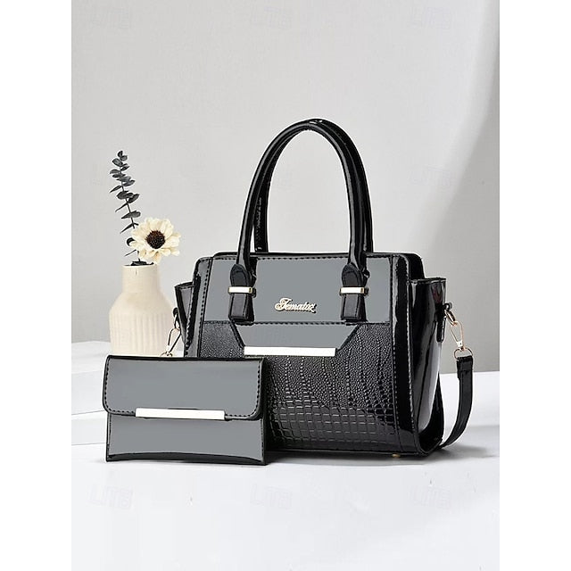 Faux Glossy Patent Handbag Set Leather