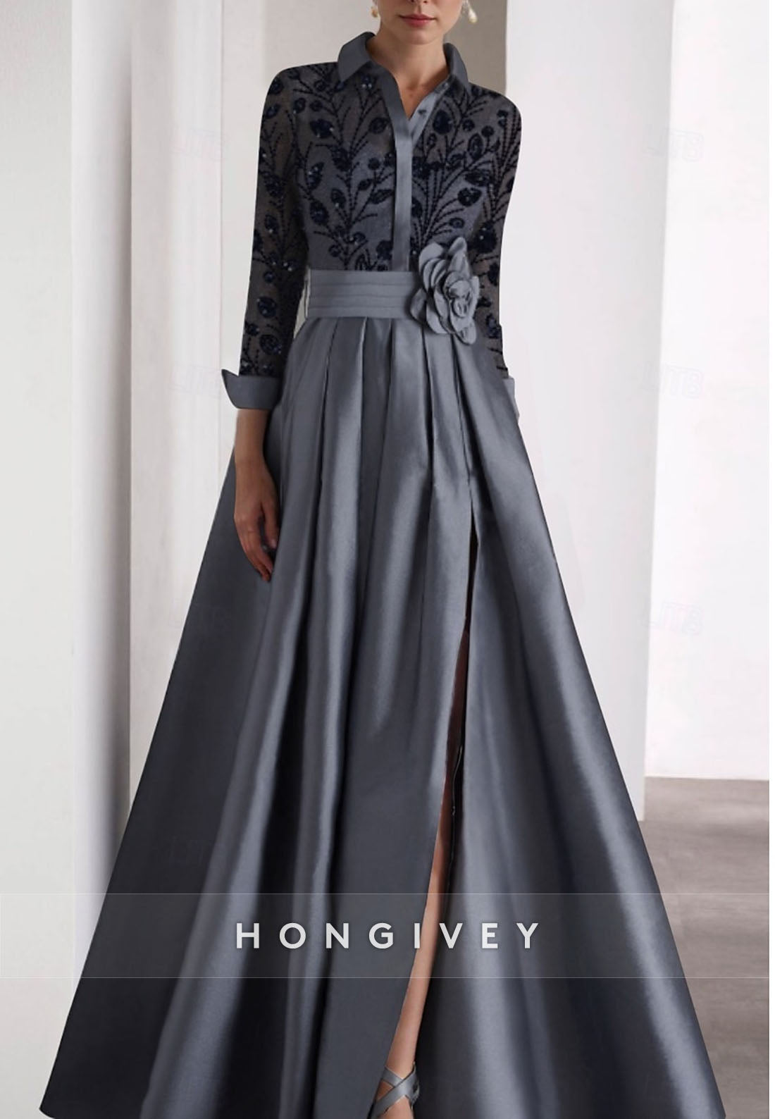 Pleated Long Sleeve Satin Waistband Flower Illusion Neck Beading Evening Gown