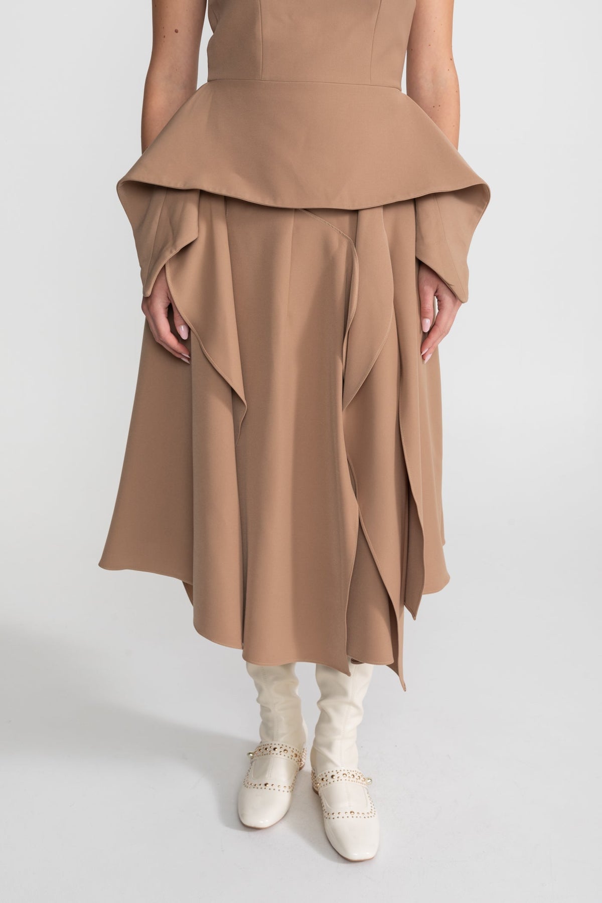 Off Shoulder Contrast Trim Peplum Draped Asymmetric Midi Dress - View 3