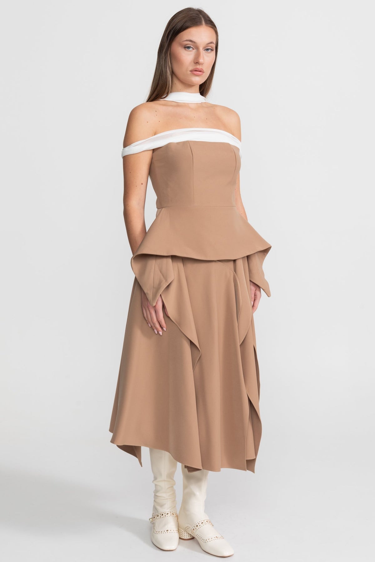 Off Shoulder Contrast Trim Peplum Draped Asymmetric Midi Dress - View 2