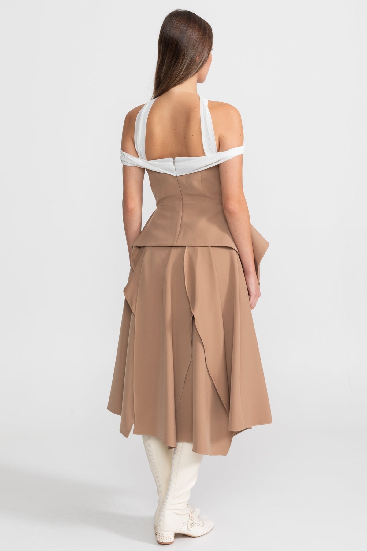 Off Shoulder Contrast Trim Peplum Draped Asymmetric Midi Dress - View 4