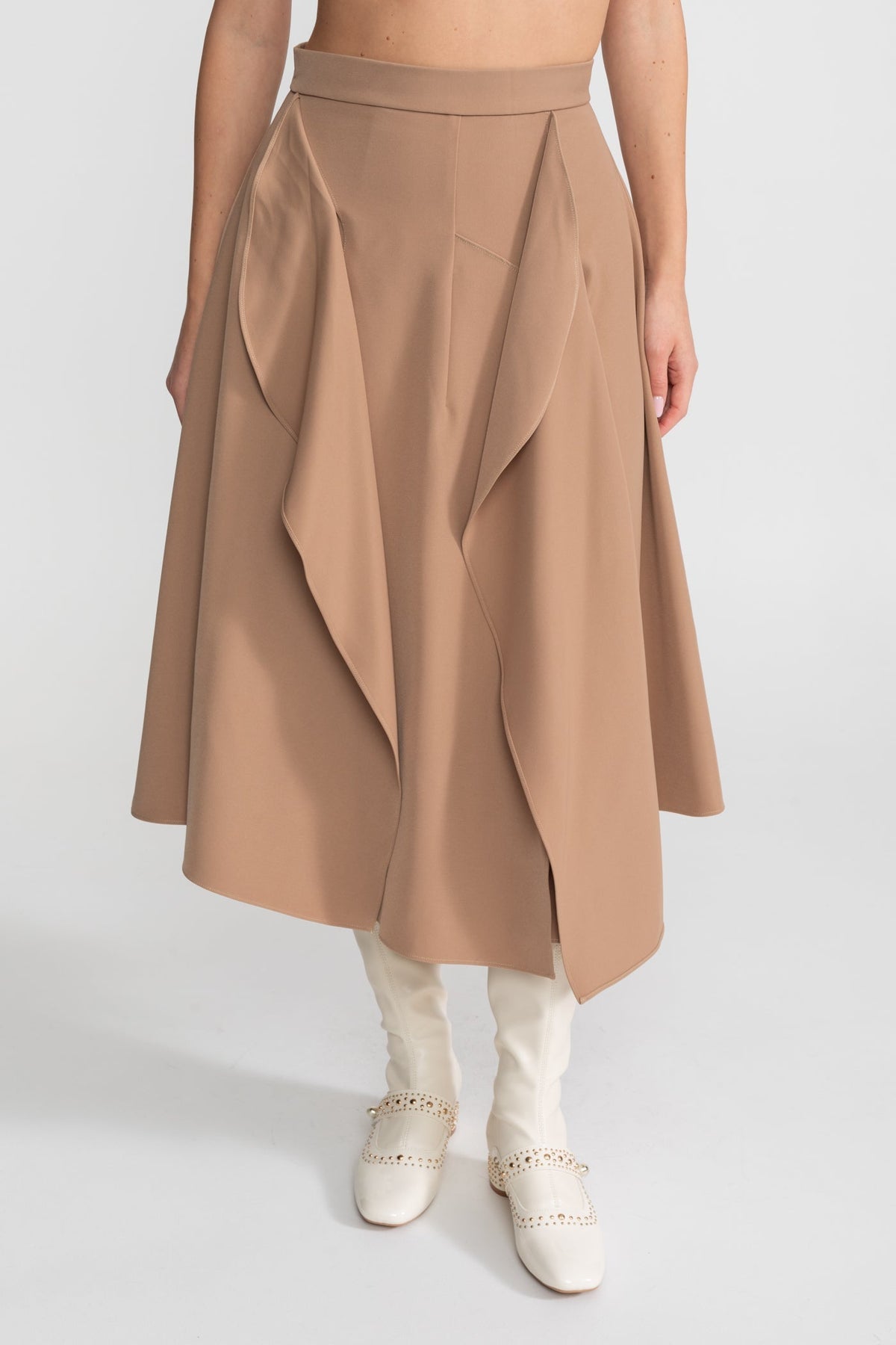 Off Shoulder Contrast Trim Peplum Draped Asymmetric Midi Dress - View 6
