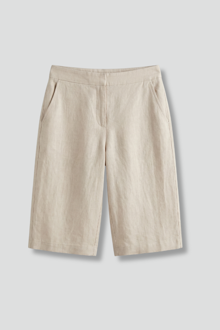 High Waist Wide Leg Linen Look Knee Length Bermuda Shorts