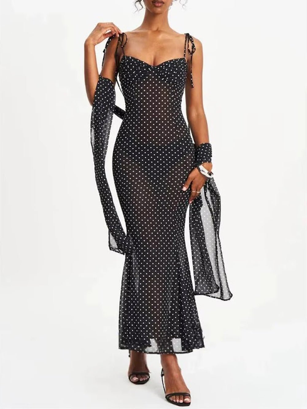 Polka Dot Mesh Sweetheart Tie Strap Mermaid Maxi Dress