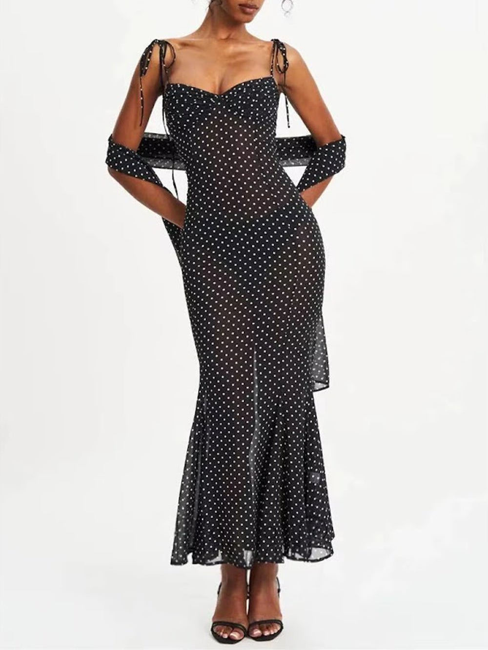 Polka Dot Mesh Sweetheart Tie Strap Mermaid Maxi Dress - View 10